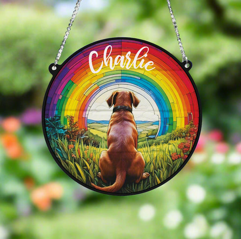 Labrador Chocolate Rainbow Bridge Personalised Stained Glass Effect Suncatcher
